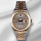 Rolex Datejust 36mm 18k YG & Steel Fluted Silver Diamond Dial Watch 16013